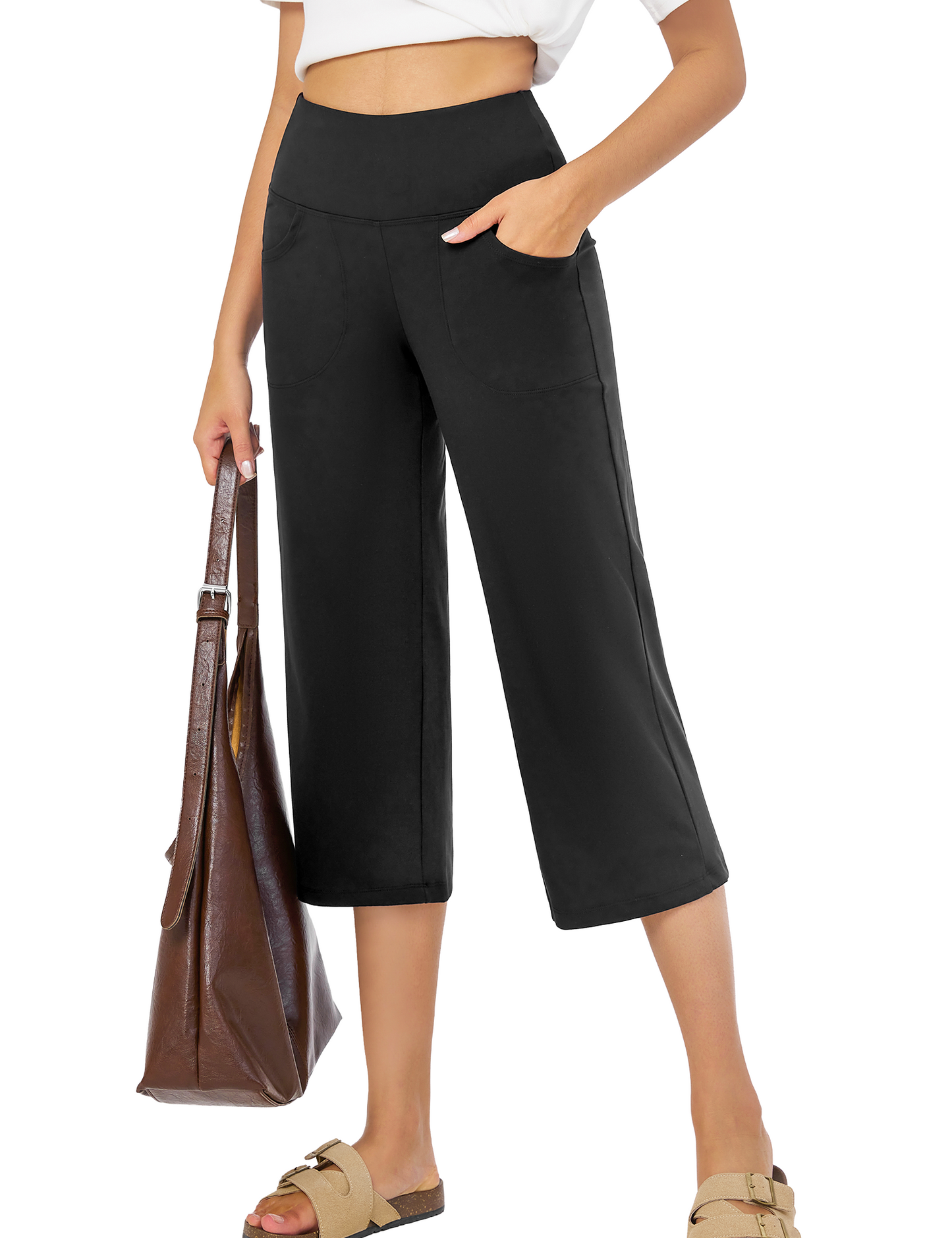 Yogaration Non-See-Through 7/8 Lounge Wide Leg Capri Pants for Women with Pockets