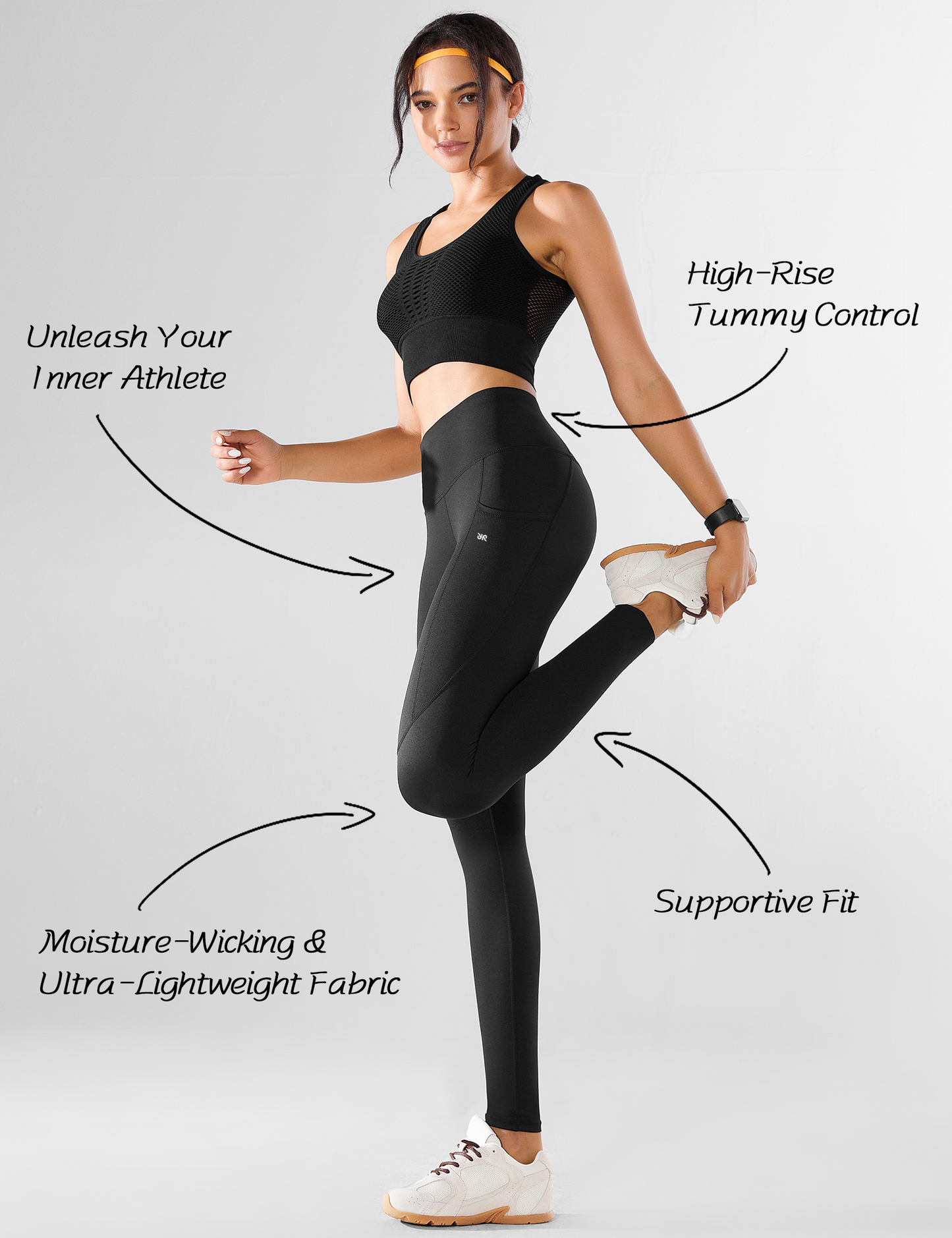 YR Yoga Workout Leggings for Women with Pockets, High-Waisted Compression Gym Leggings, Black