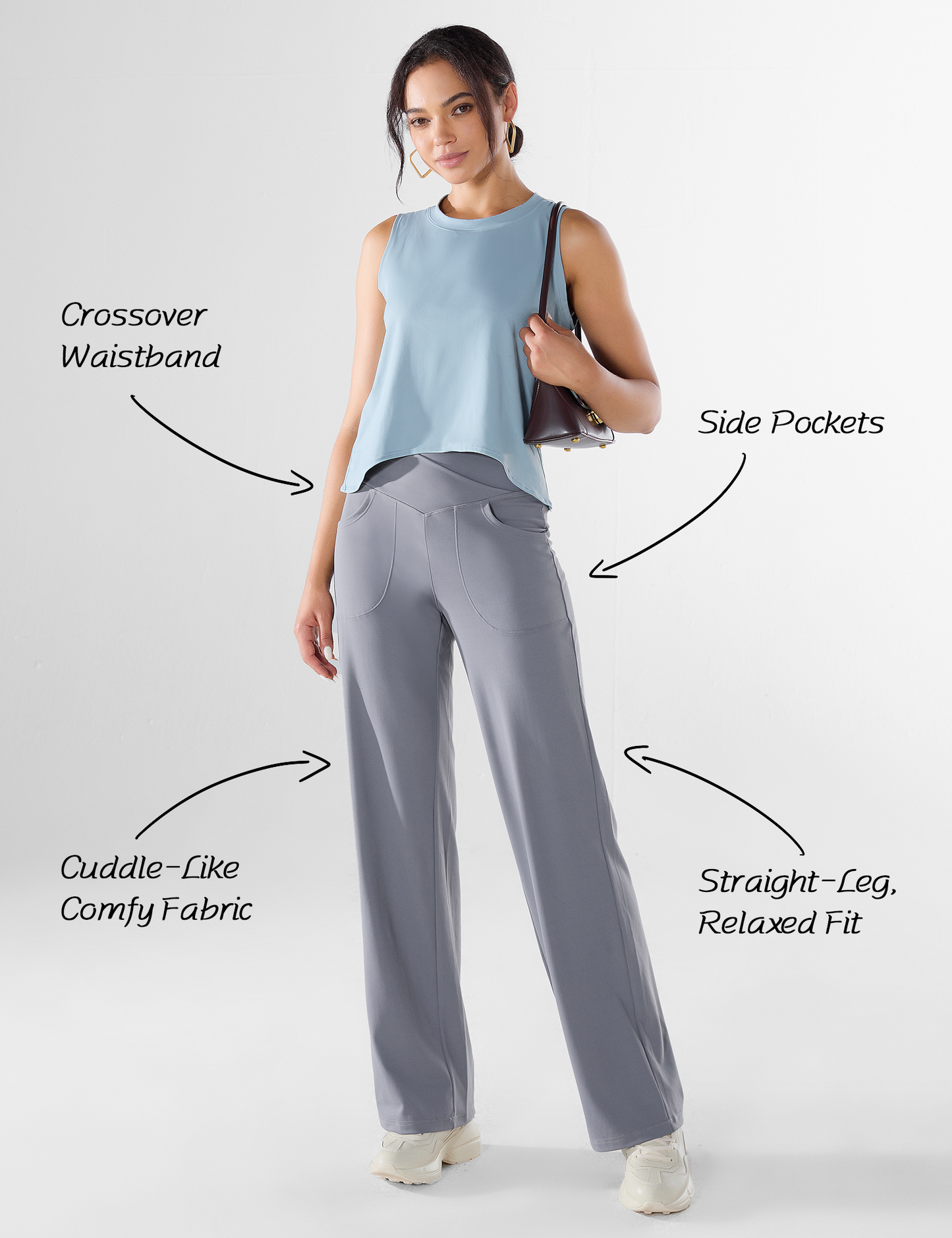YR Wide Leg Yoga Pants for Women, Crossover High Waisted Lounge Pants with Pockets, Grey