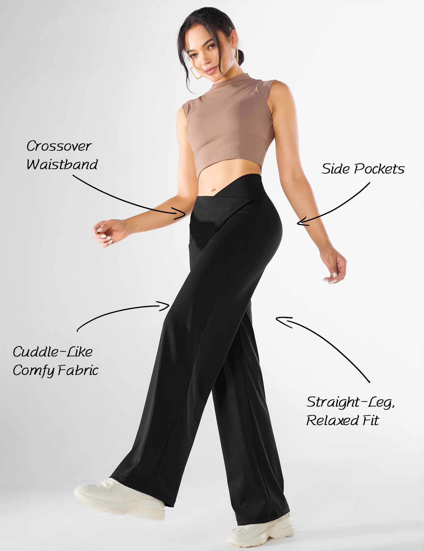 YR Wide Leg Yoga Pants for Women, Crossover High Waisted Lounge Pants with Pockets, Black