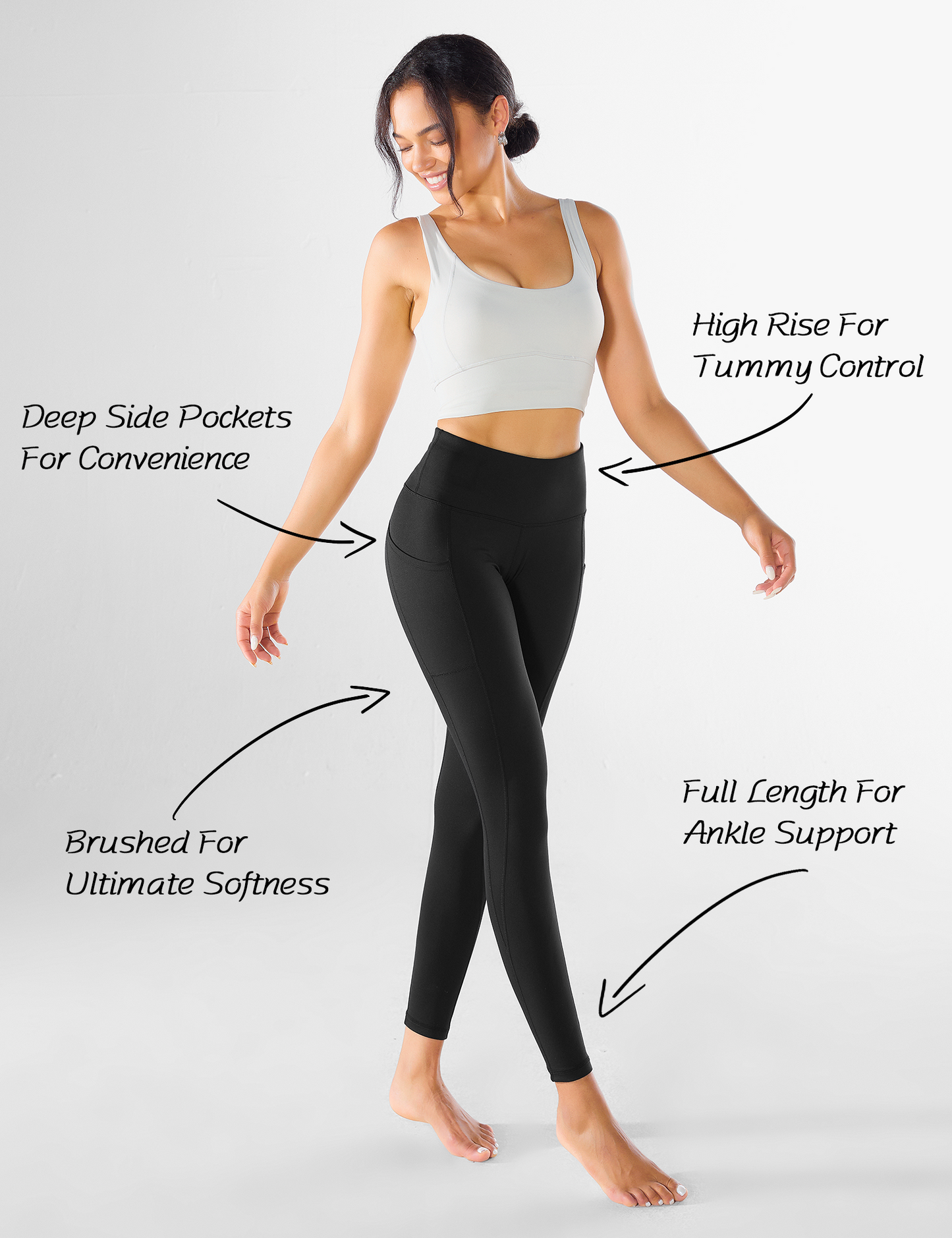 YR Leggings for Women, Yoga Pants with Deep Side Pockets, High Waisted, Black