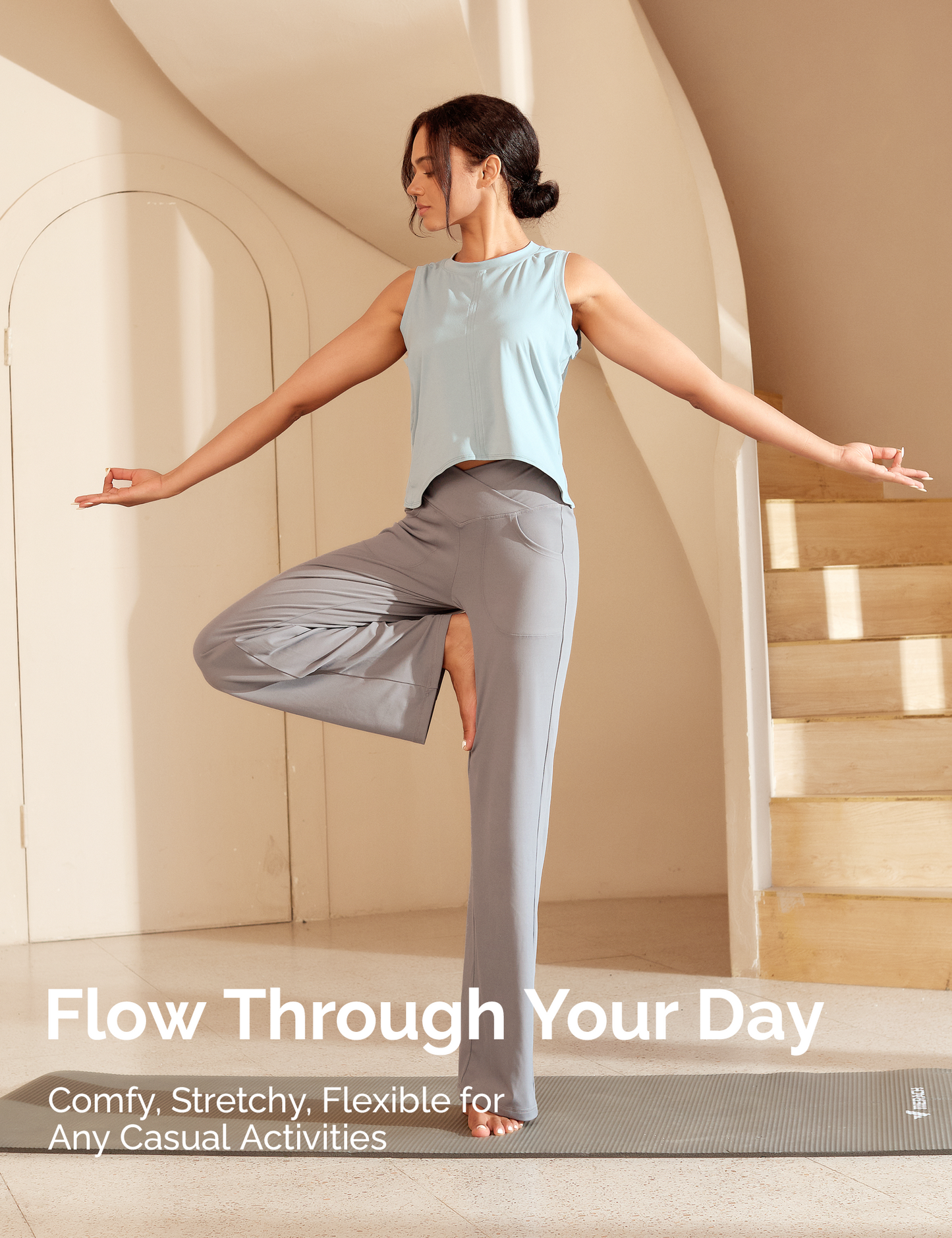 YR Wide Leg Yoga Pants for Women, Crossover High Waisted Lounge Pants with Pockets, Grey