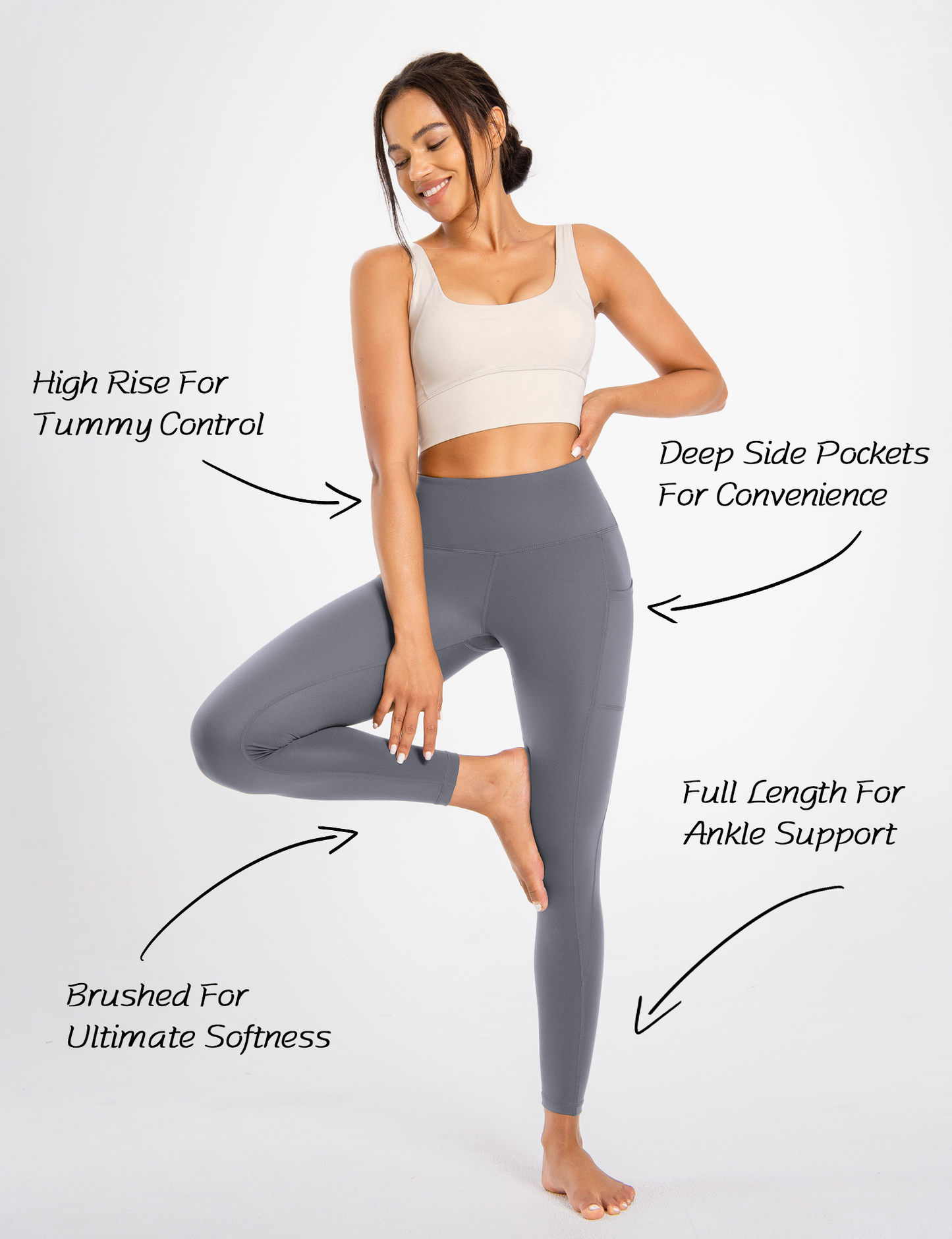 YR Leggings for Women, Yoga Pants with Deep Side Pockets, High Waisted, Grey