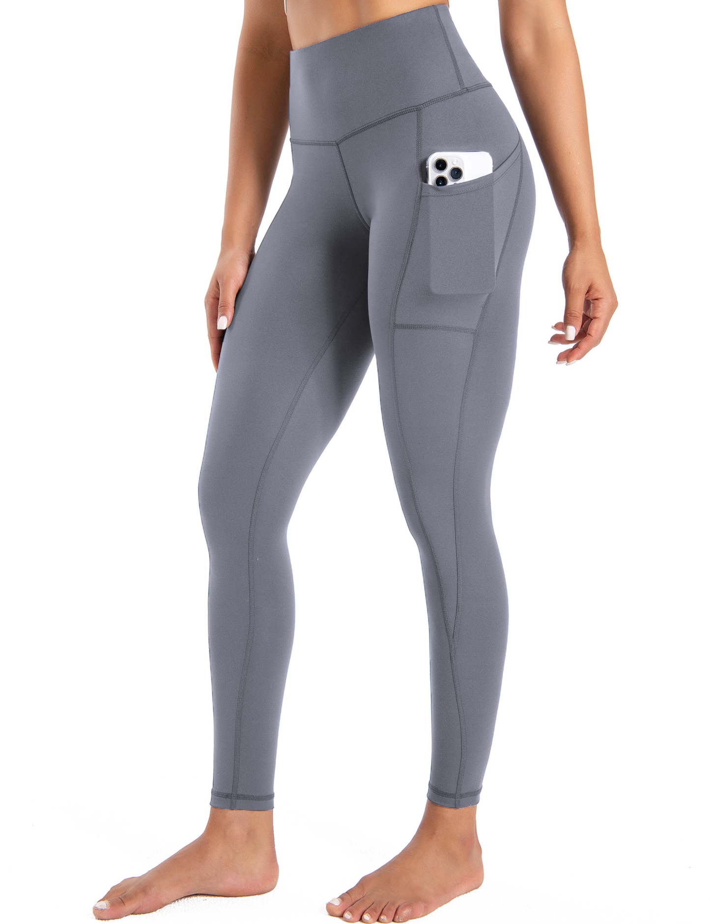 YR Leggings for Women, Yoga Pants with Deep Side Pockets, High Waisted, Grey